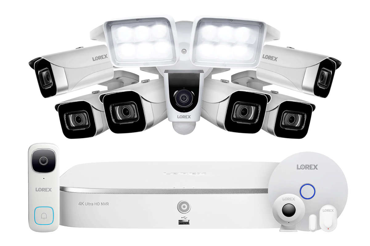8-Channel NVR Fusion System with Six 4K (8MP) IP Cameras, 2K Wi-Fi Video Doorbell, Wi-Fi Floodlight Camera and Smart Sensor Starter Kit