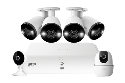 Lorex Fusion 4K+ 16 Channel (8 Wired + 8 Fusion Wi-Fi) 2TB NVR System with Four H13 Wired 4K IP Bullet Cameras, One 2K Pan-Tilt Camera, and One 2K Indoor Wi-Fi Camera