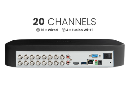 Lorex Fusion 4K 20-Channel (16 Wired and 4 Wi-Fi) 2TB DVR System with 8 Analog Active Deterrence Cameras and Two 4K Smart Security Lighting Indoor/Outdoor Wi-Fi Cameras
