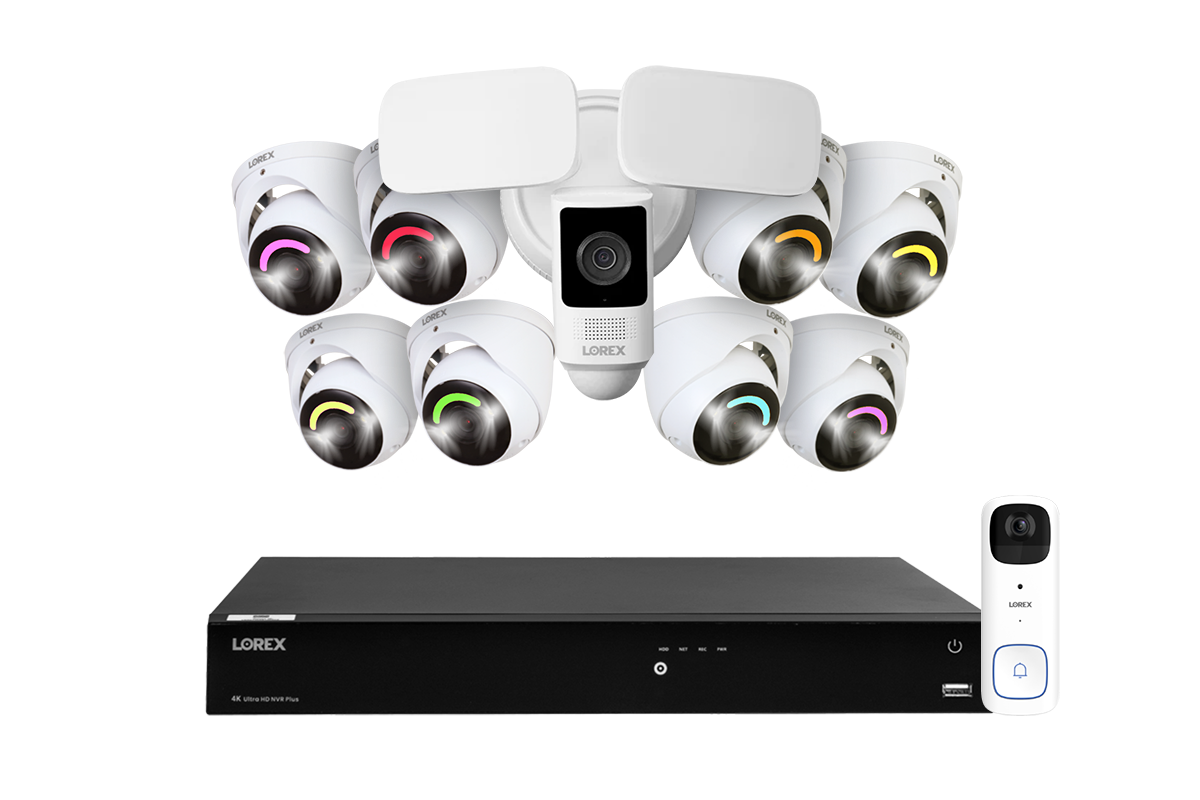 Lorex Fusion Series 4K 16 Camera Capable (Wired of Fusion Wi-Fi) 4TB Wired NVR System with Eight H16 IP Dome Cameras, One 2K Battery-Operated Doorbell, and One 2K Outdoor Floodlight