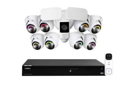 Lorex Fusion Series 4K 16 Camera Capable (Wired of Fusion Wi-Fi) 4TB Wired NVR System with Eight H16 IP Dome Cameras, One 2K Battery-Operated Doorbell, and One 2K Outdoor Floodlight